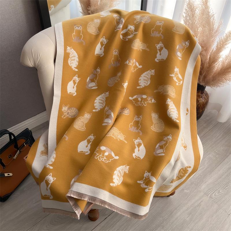 Winter Cashmere Scarf Women Luxury Cat Print Female Shawl Wrap Scarves Lady Thick Warm Blanket Gift Echarpe Pashmina