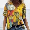 Women's T-Shirt Cartoon Cat Print Summer Short Sleeve V-Neck Kawaii Tees Fashion Casual Tee Shirts Kitten Funny Female Clothing
