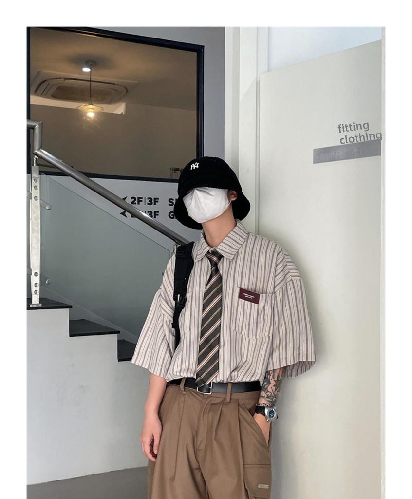 2023 Лето унисекс японский ретро полосатый лацкан короткий рукав модная рубашка