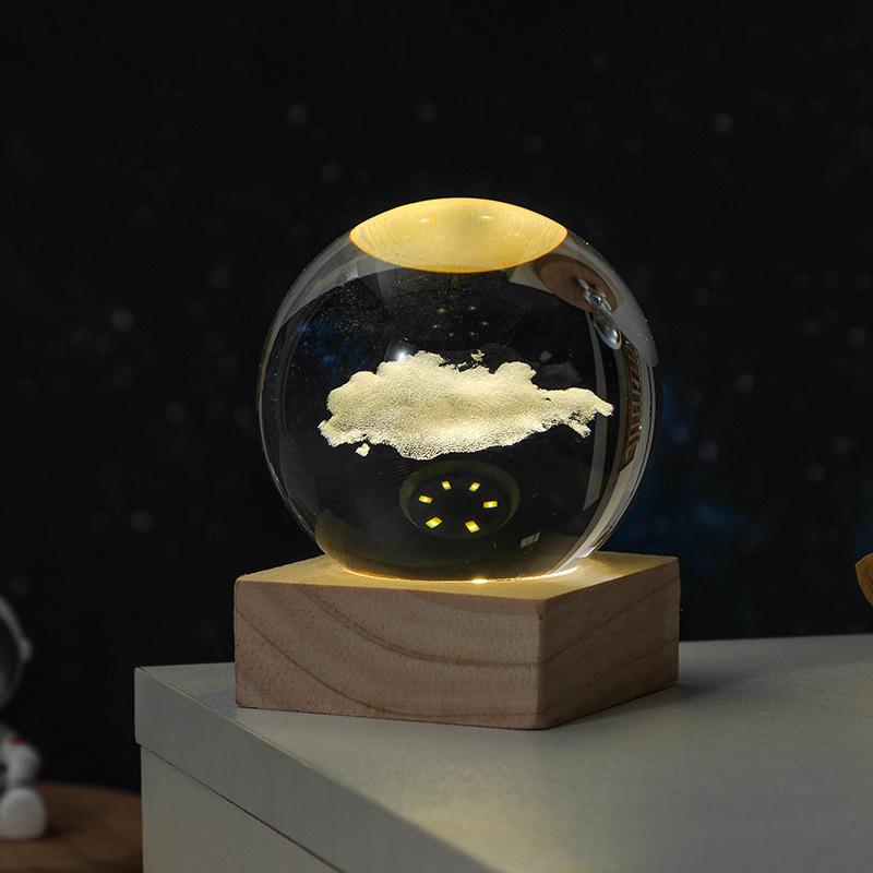 3D Solar System Crystal Ball Night Light with Wooden Base - Luminous Desktop Home Decor & Birthday Gift