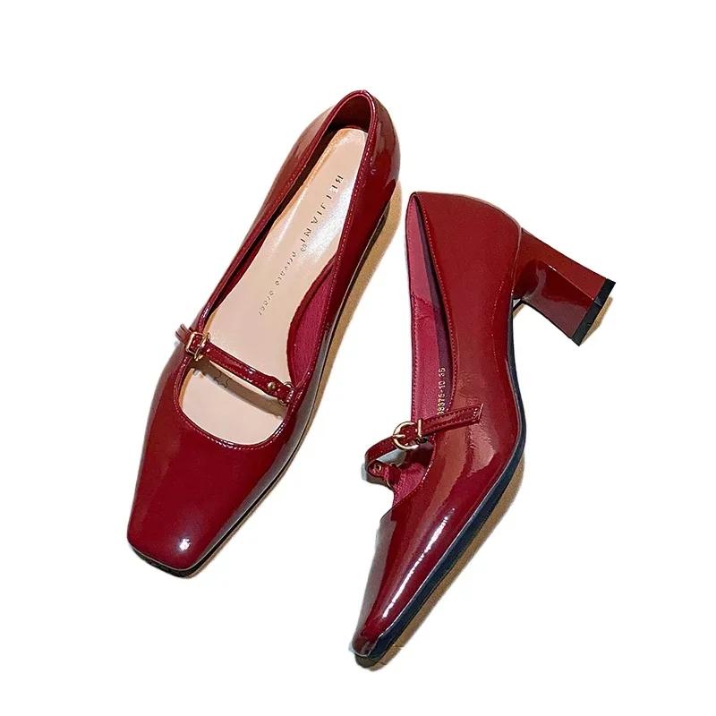 2024 Женская обувь Мэри Джейн Женские туфли-лодочки на высоком каблуке Женские туфли с квадратным носком на высоком толстом каблуке с ремешком на пряжке Женские