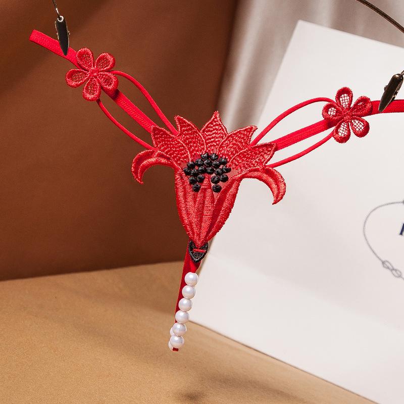 Pearl Adorned Low Waist Flower Thong with Cutout Design