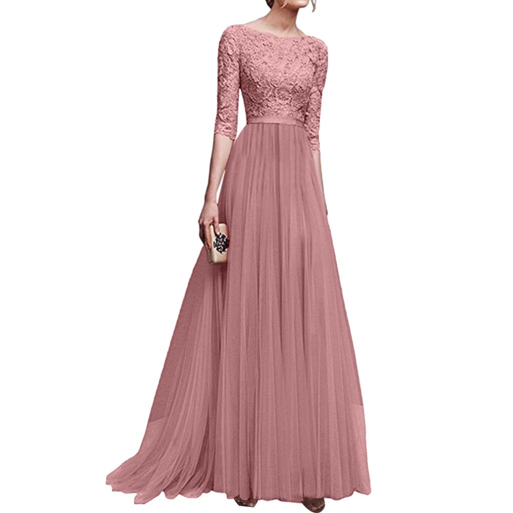 Женское летнее повседневное однотонное вечернее платье трапециевидной формы с круглым вырезом и молнией сзади со средними рукавами и кружевной сеткой