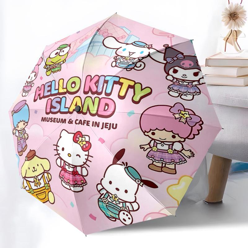 1pc Hello Kitty Island Museum & Cafe in Jeju Automatic Opening Umbrella - Portable Three-Fold Design with 8-Bone Iron Frame, Perfect for Fans, Travele