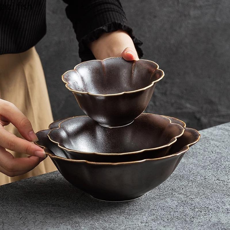 Ceramic Gold Border Flower Shaped Bowl Retro Salad Bowl Dessert Bowl Thick Soup Bowls Service Bowls Hotel Specialty Tableware