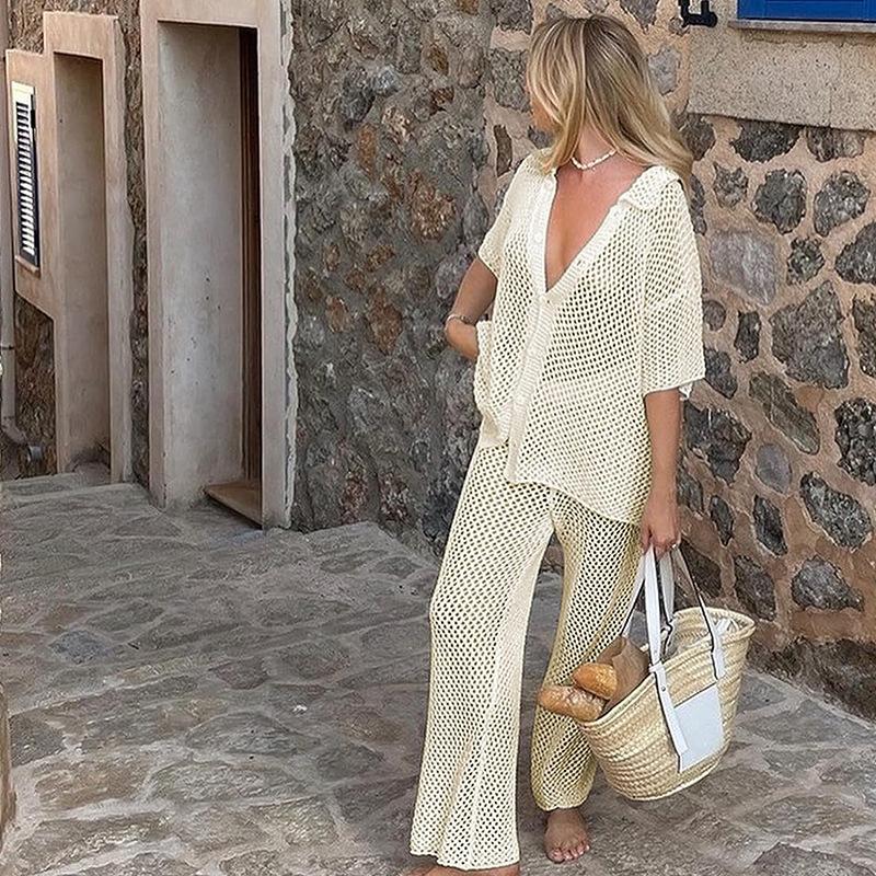 Женский сетчатый костюм с высокой талией, сексуальный уличный костюм, пляжный трикотажный топ с вырезом, прямые брюки, комплекты