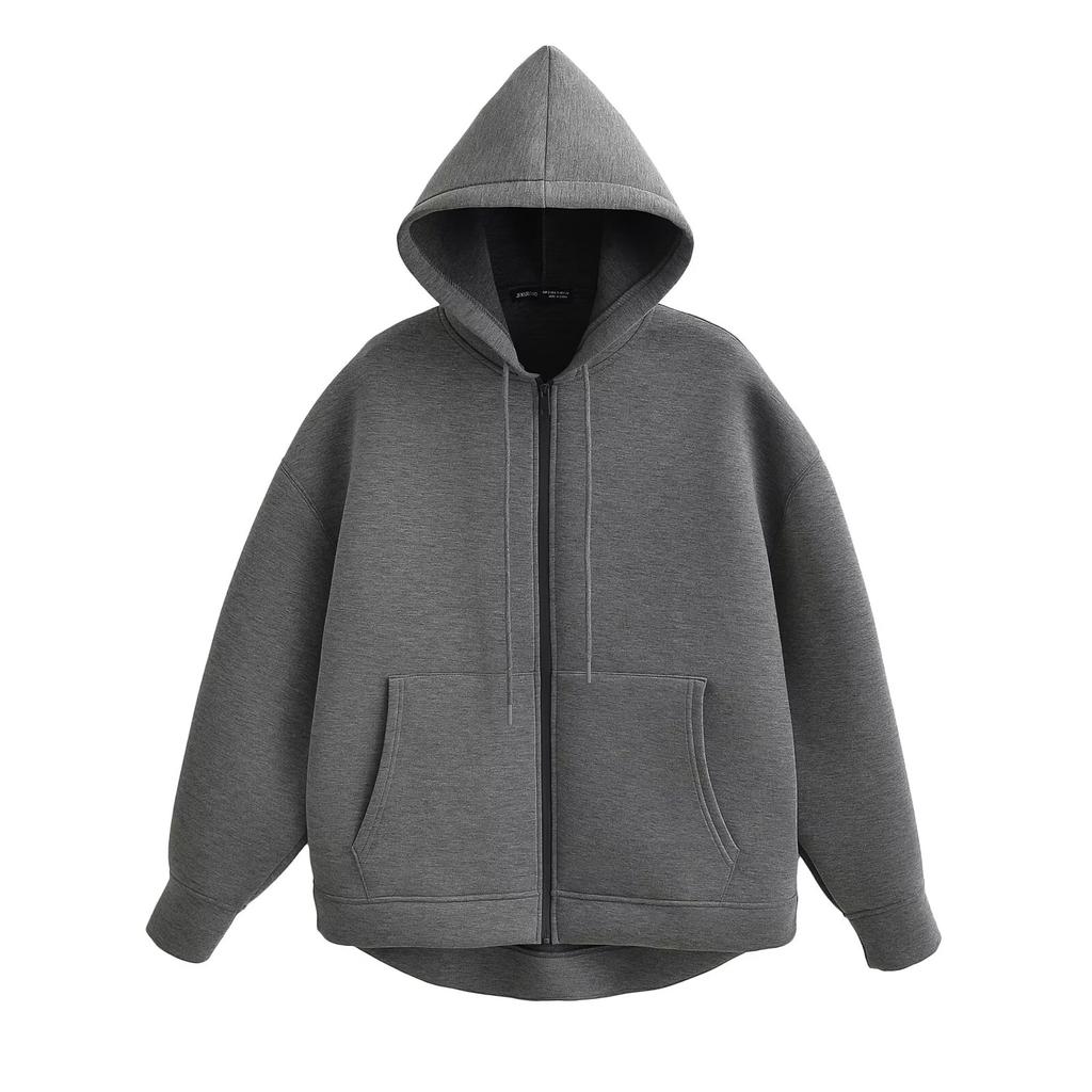 VAYLA  Autumn Women Gray Jacket with Hood Long Sleeve Big Pocket Zipper Jacket Coat Woman Loose Casual Outerwear Coat Tops