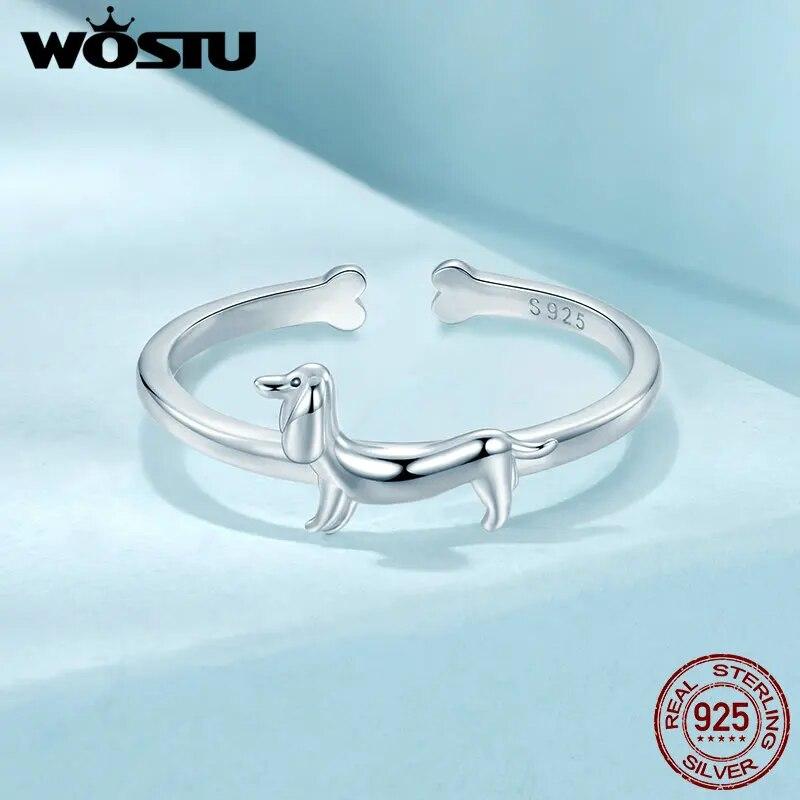 WOSTU Real 925 Sterling Silver Dachshund Open Ring For Women Pet Paw Adjustable Rings Fine Jewelry Gift For Fimaly Daughter