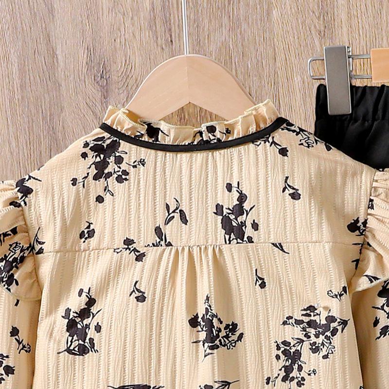 Комплект одежды для девочек Детская одежда Осень/Весна Новый стиль Мода Кружевной принт Рубашка с длинным рукавом + Брюки с широкими штанинами Двойка