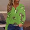 Women's Straight Shoulders Christmas Print Long Sleeve Straight Shoulders V-Neck Button T-Shirt Top