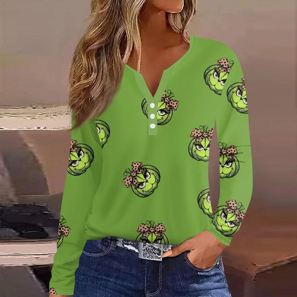 Women's Straight Shoulders Christmas Print Long Sleeve Straight Shoulders V-Neck Button T-Shirt Top