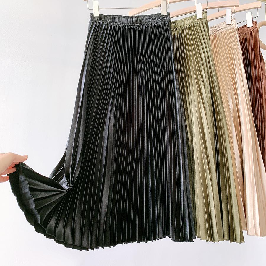 High Waist Satin Metallic Pleated Skirt Spring and Summer Women's Retro Mid-Length Slimming A- Line Skirt
