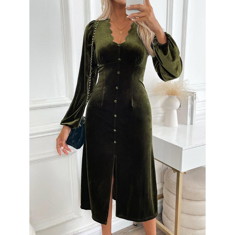 YYFS Женская мода весна осень однотонный принт длинный рукав V-образный вырез высокая талия повседневные платья