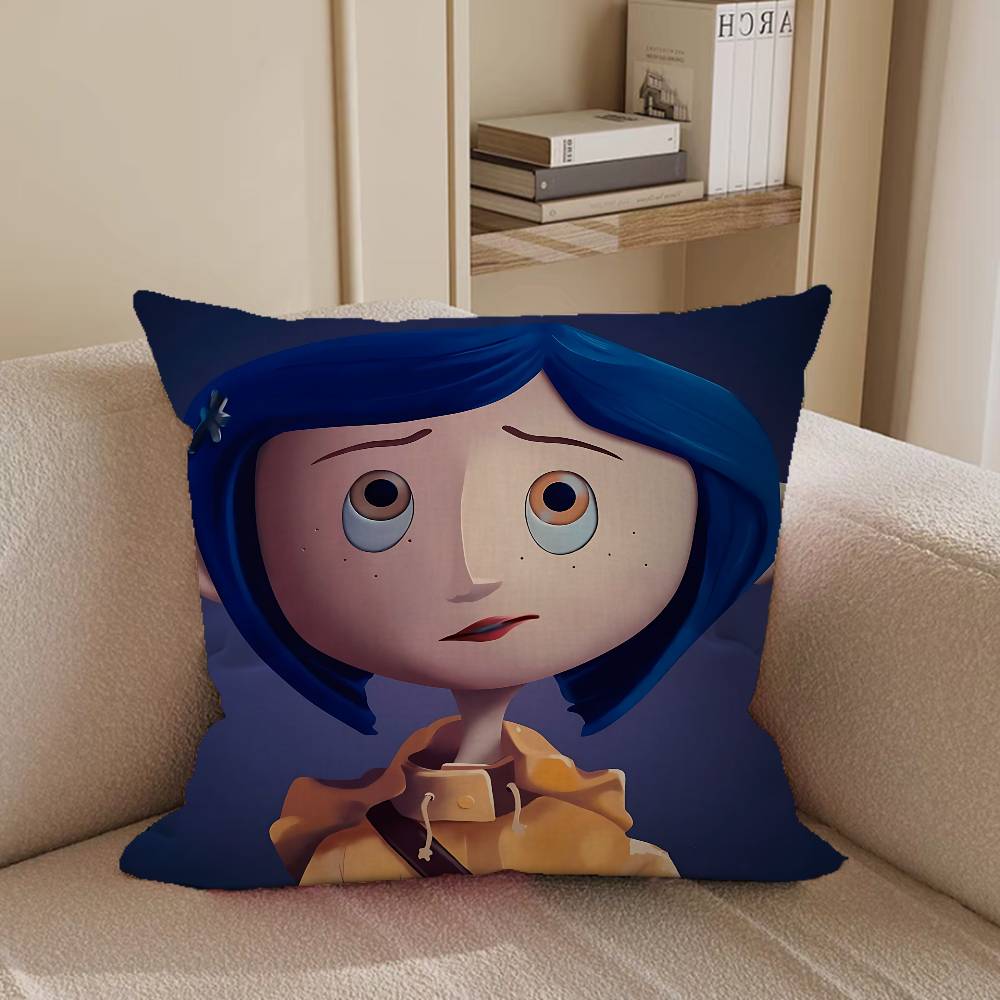 Съемная моющаяся наволочка с изображением Коралин из аниме – мягкий лен, подходит для всех сезонов.