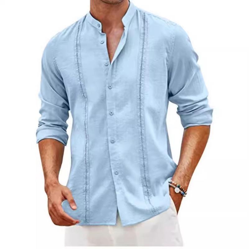 Men's Long-Sleeved Shirts Autumn Solid Color Stand-Up Collar Shirts Casual Beach Style Plus Size Shirts