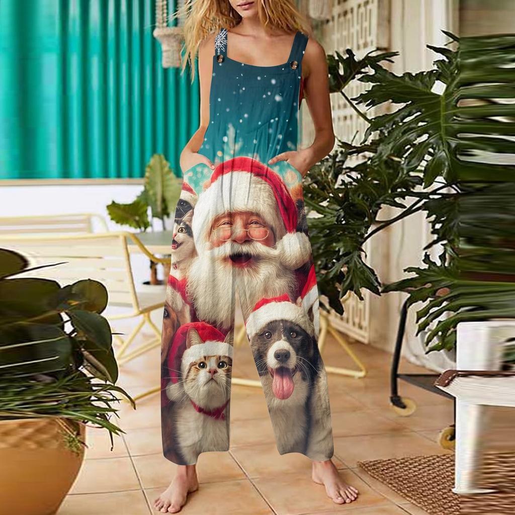 Женский повседневный комбинезон с рождественским принтом, хлопковый комбинезон без рукавов с принтом