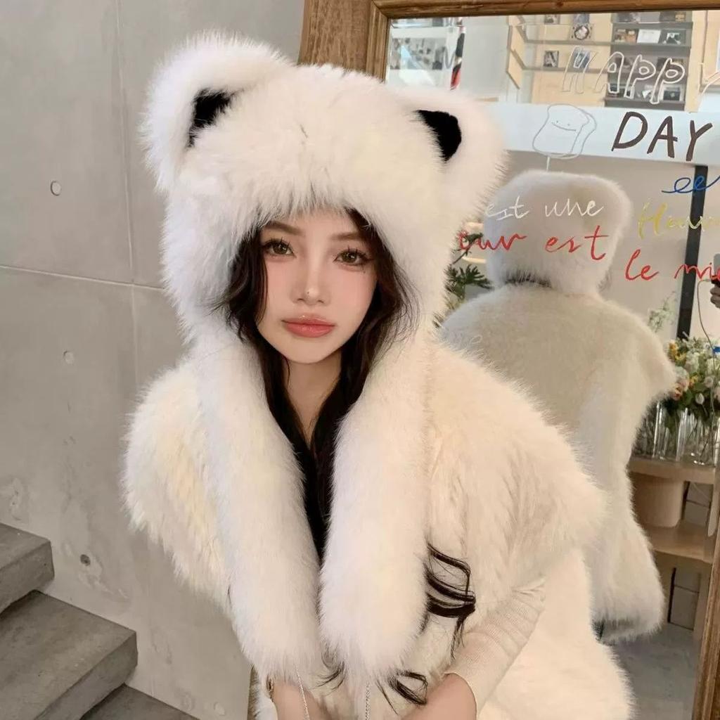 Стильная и милая шапка-ушанка, имитация плюша, большие лисьи уши, защита ушей, интегрированный шарф, утолщенная, осенне-зимняя, теплая шапка от холода