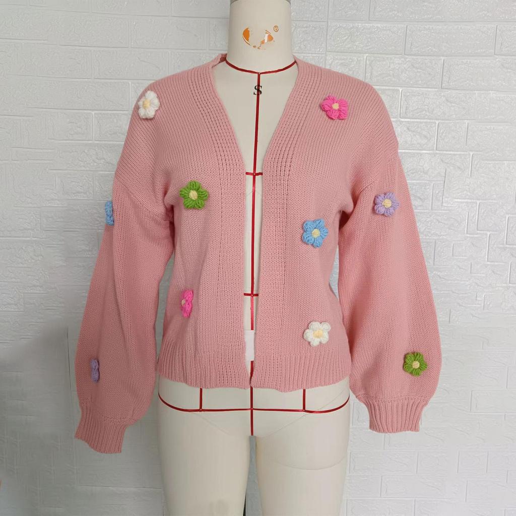 Женская мода, вязаный крючком цветок, милый вязаный кардиган, свитер, куртка, женский ленивый стиль, повседневный свободный свитер