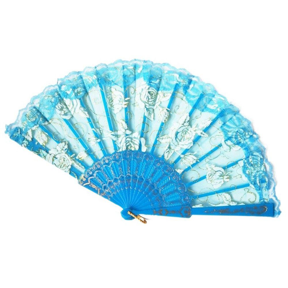 Home Decoration Handheld Ladies Lace Hand Fan Plastic Handle Rose Pattern Folding Fan Translucent Spanish Fan Dance Prop