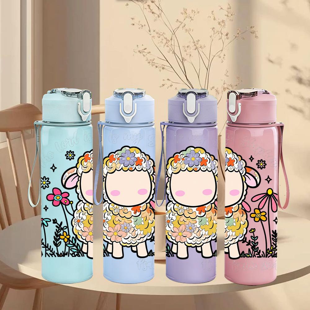 1PC Floral Sheep Cartoon Graphic,750ml Color Plastic Sports Water Bottle,Leakproof Flip Straw Lid,Suitable for Sports Office Home Use