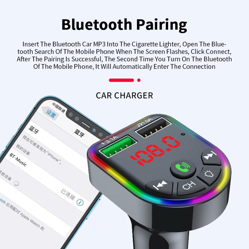 Автомобильный Bluetooth 5.0 FM-передатчик 7-цветный атмосферный светильник Автомобильный комплект MP3-модулятор Беспроводной аудиоприемник громкой связи