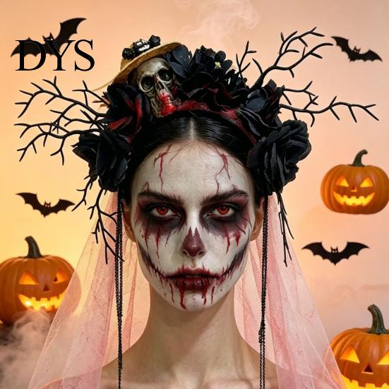 Halloween Ghost Bride Costume Gothic Flower Headband with Veil, Spooky Black Rose Dead Branch Skull Headpiece, Witch Hair Band Day of The Bridal Veil