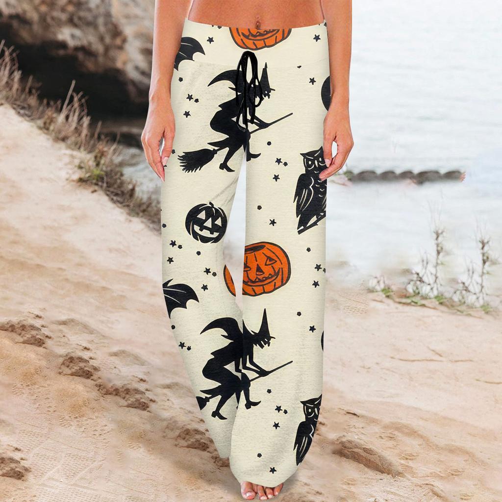 Женские удобные пижамные штаны с карманами на Хэллоуин и принтом на шнуровке, широкие брюки