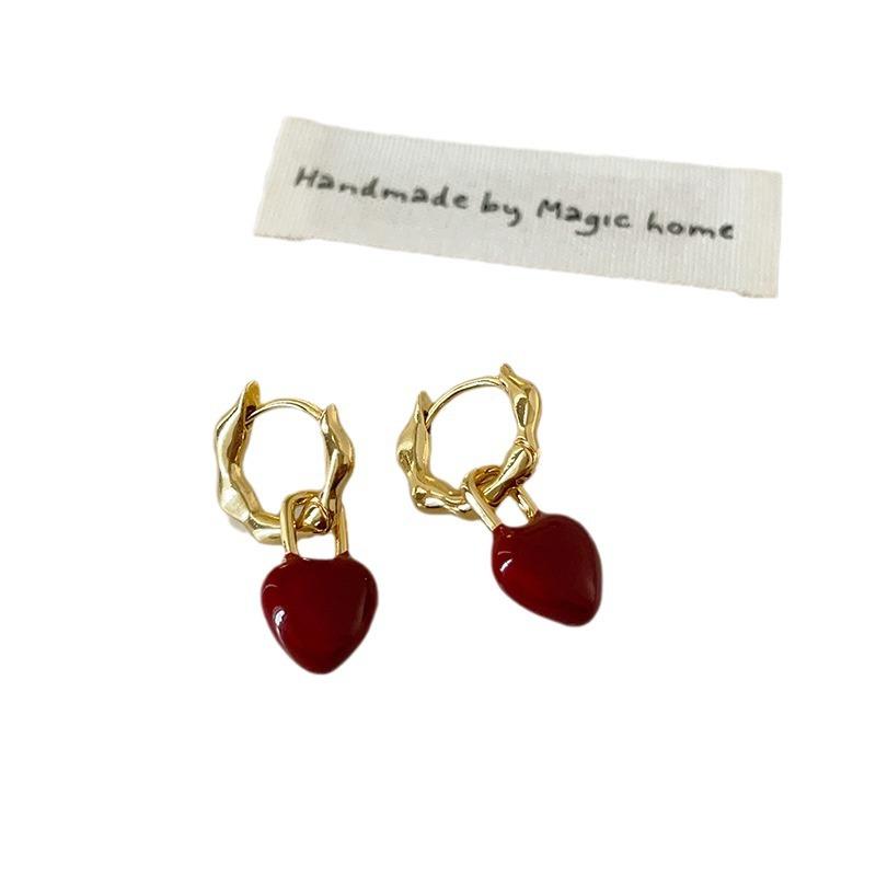 Removable Red Oil Drop Love Ear Buckle Women'S Light Luxury High Sense Elegant Fashion Temperament Versatile Earrings