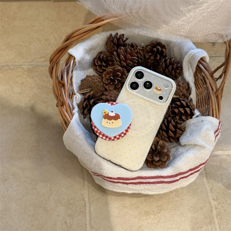 Kawaii Pudding Cartoon Yellow Polka Dot Magnetic Phone Case With Heart Pop Socket For iPhone 15 16 17 Pro Max INS Cute Shockproo