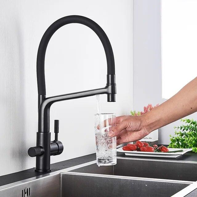 Фильтр для кухни, черный двойной носик, смеситель для питьевой воды, вращение на 360 градусов, функция очистки горячей и холодной воды, кран