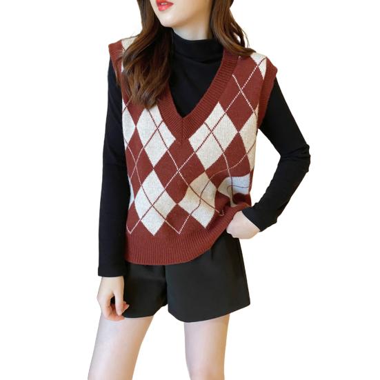 Женский вязаный жилет с ромбовидным узором, свободный, с V-образным вырезом, без рукавов, пуловер, майка, повседневный школьный свитер-топ
