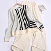 Women Striped Buttons Cardigan Two-piece Set Fall Office O-neck Long Sleeved Top and Solid High Waist Wide Leg Pants Winter Suit