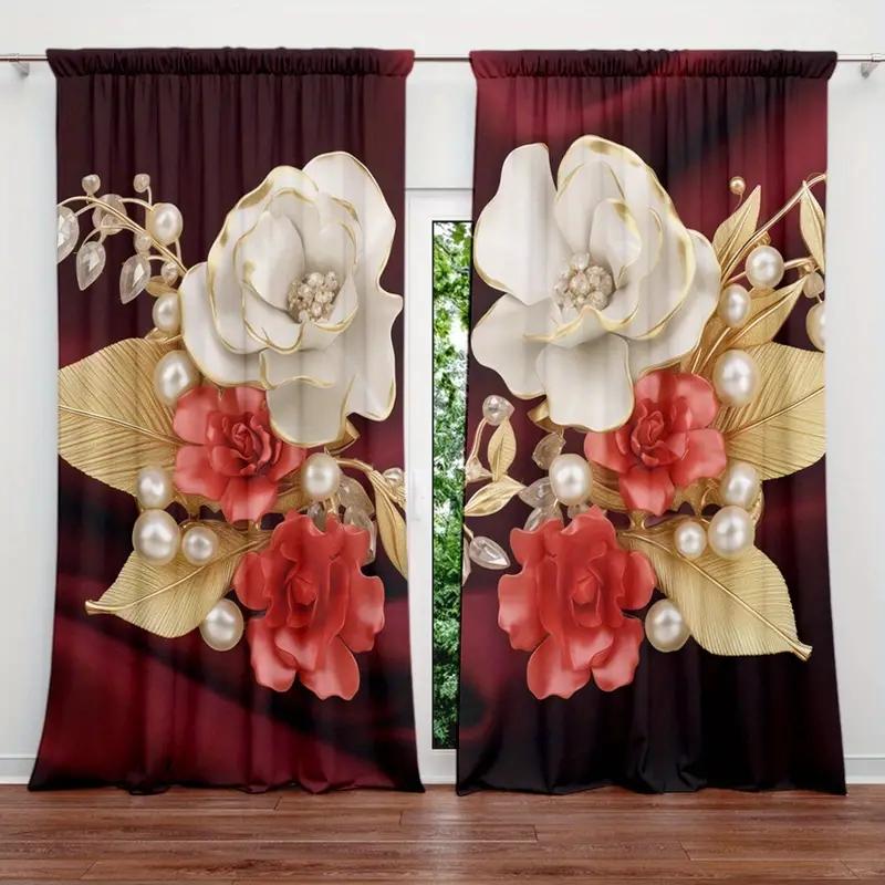 Комплект из 2 шт. Элегантный цветочный и растительный узор для штор с карманами для уединения и декора в гостиной, спальне, кухне