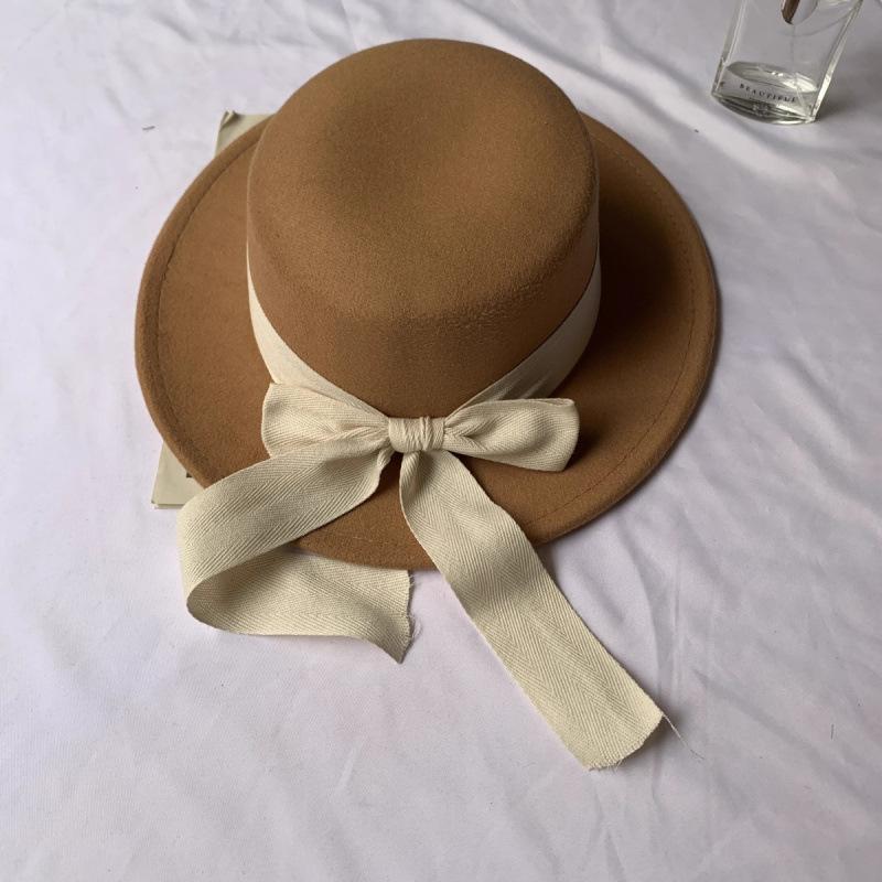 Bow strap flat top woolen hat women's autumn and winter British retro fashion versatile streamer big brim felt top hat