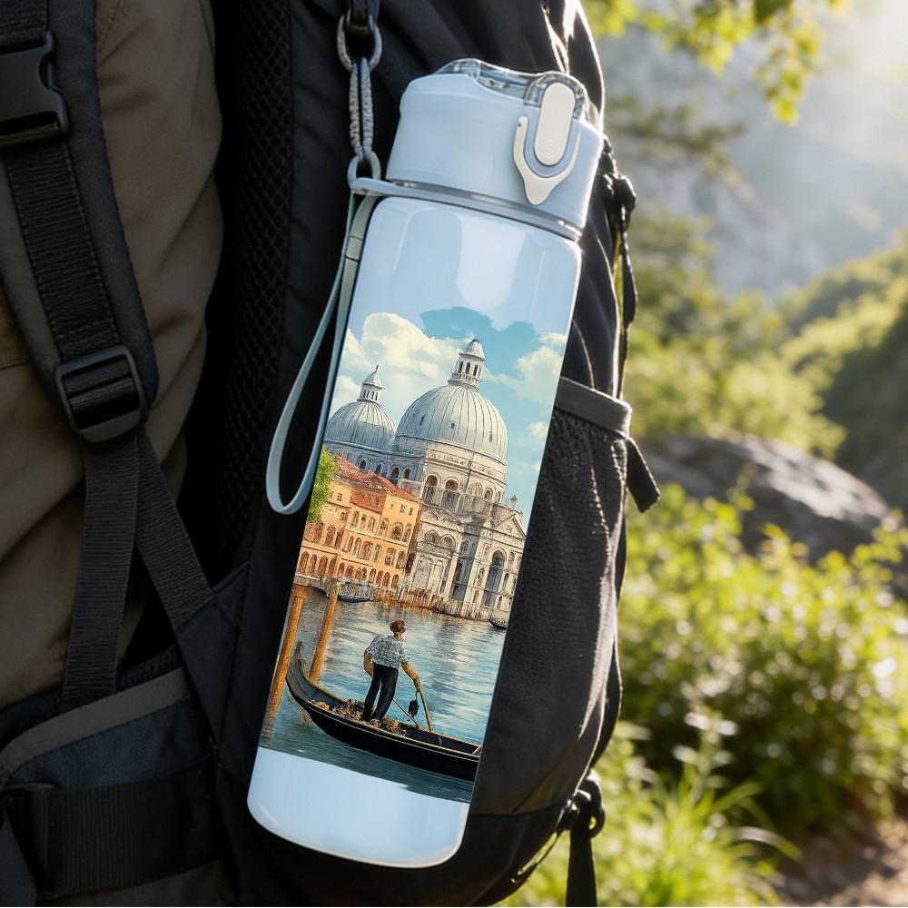 1PC Venice Canal City View Print 750ml Color Plastic Sports Water Bottle Leakproof Flip Straw Lid Suitable for Sports Office Home Use