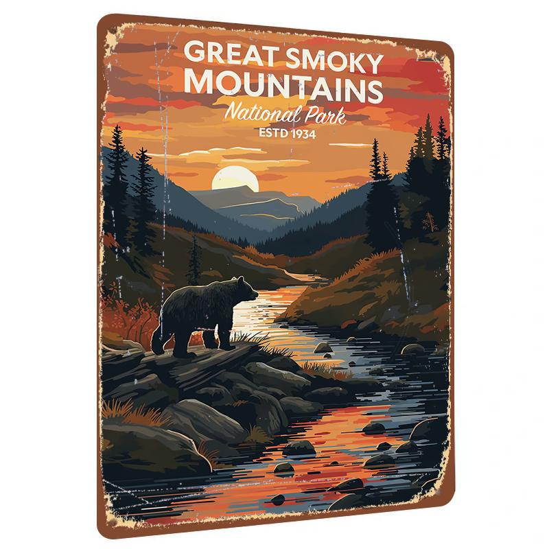 Great Smoky Mountains National Park Vintage Metal Wall Art Sunset Bear River Landscape Decor
