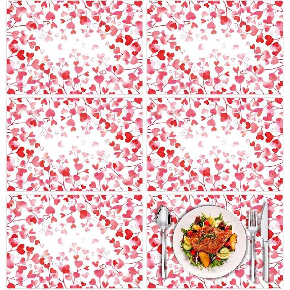 Tarklanda Pink Love Hearts Placemats Set of 6, 11 x 15.7 Inch Washable Vinyl Table Mats Valentine Holiday Plastic Placemats for Anniversary Wedding