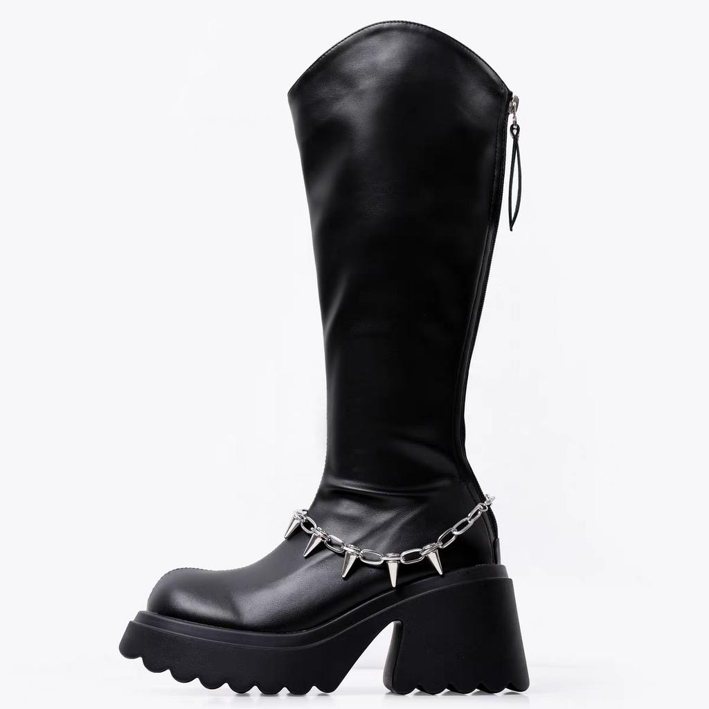 Chain High Heels Women Knee High Boots Fad Platform Leather Shoes Brand Designer Chunky Shoes Winter 2025 Trend Goth Botas Mujer