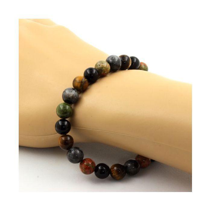 Pierres et Minéraux. Bracelet Perles Labradorite + Oeil de Tigre + Unakite + Agate noire 8 Fabriqué en France.