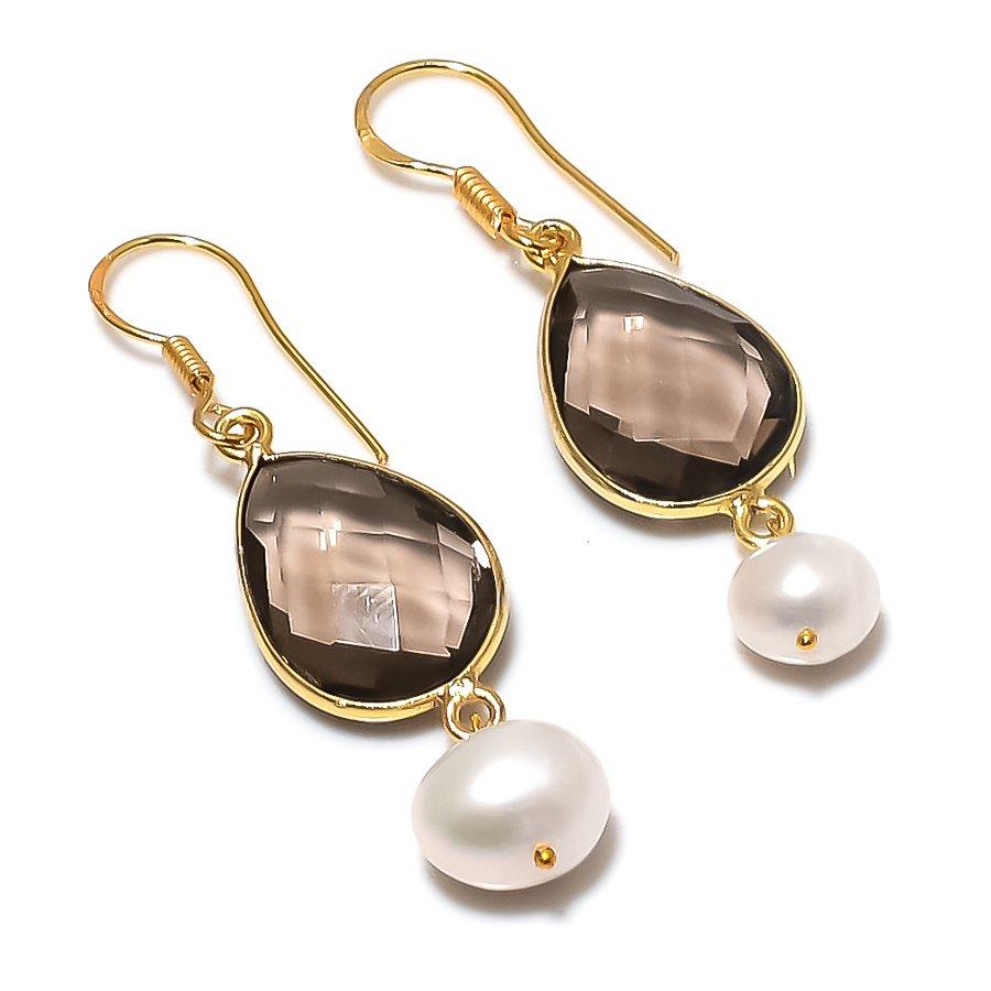 Smoky Topaz, Pearl Gemstone Handmade 925 Sterling Silver Earring 2.09" KJ-1062
