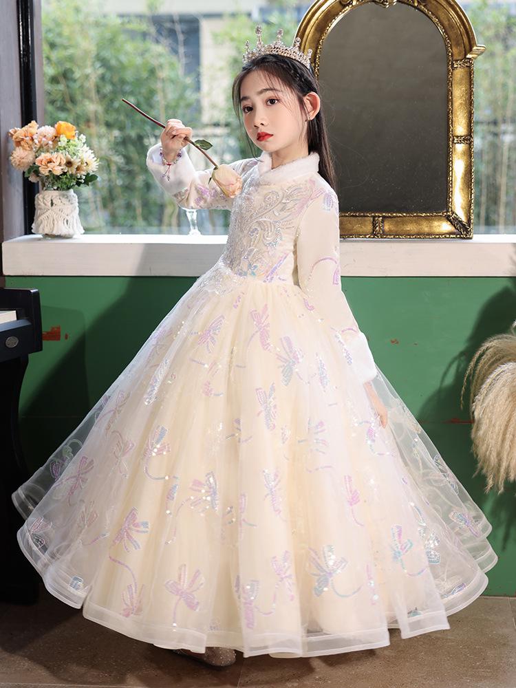 Осенне-зимнее утолщенное платье принцессы на день рождения для девочек - платье для девочки-цветочницы, ведущей свадьбы, костюм для выступления на фортепиано