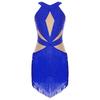 Womens Latin Tango Dance Leotard Allover Rhinestones Backless Tiered Tassel Contrast Color Bodysuit Performance Jumpsuit