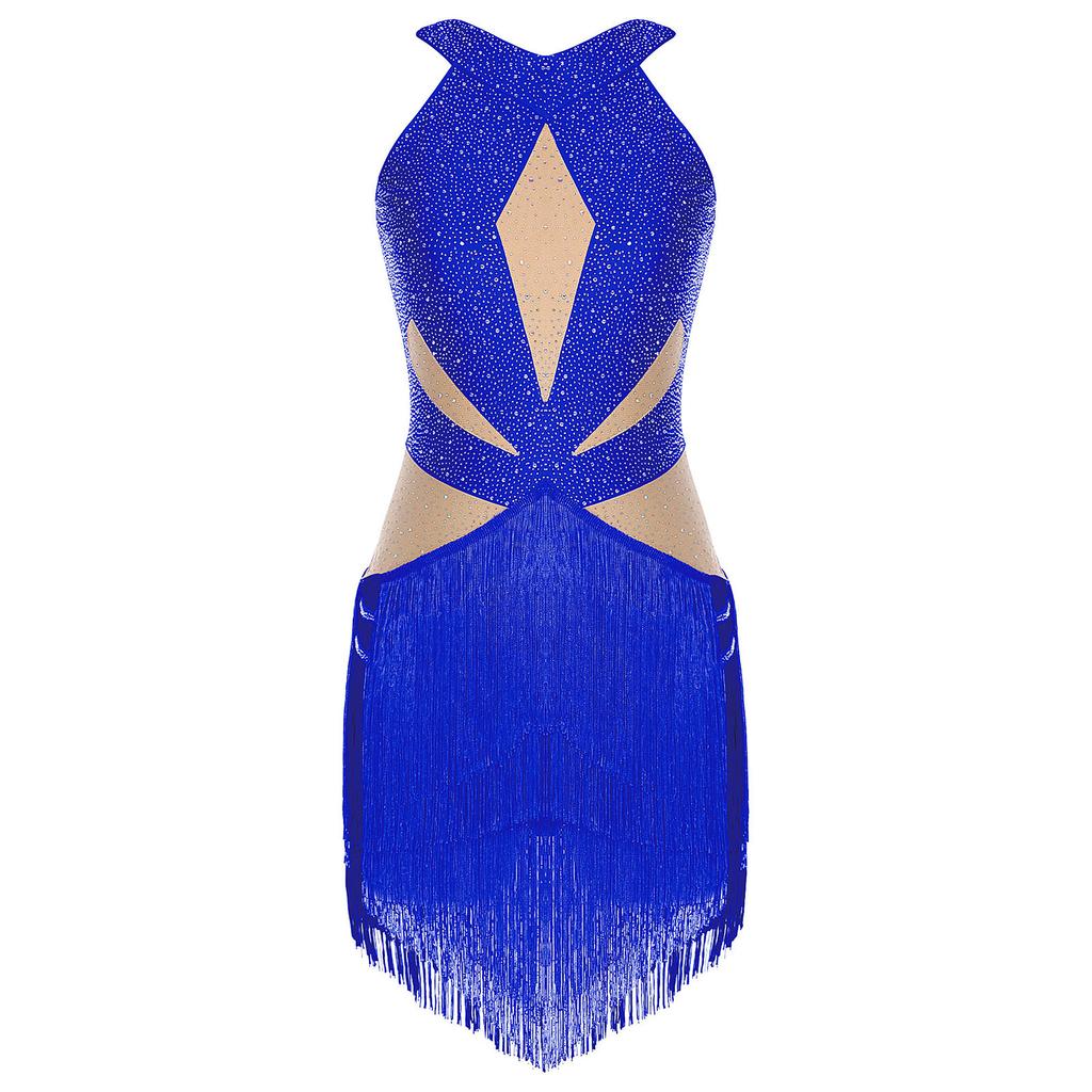 Womens Latin Tango Dance Leotard Allover Rhinestones Backless Tiered Tassel Contrast Color Bodysuit Performance Jumpsuit