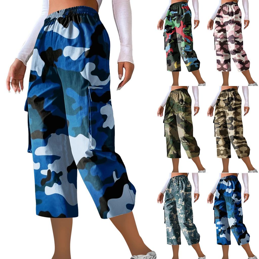 Женские повседневные рабочие брюки с эластичным поясом и укороченными брюками с камуфляжным принтом