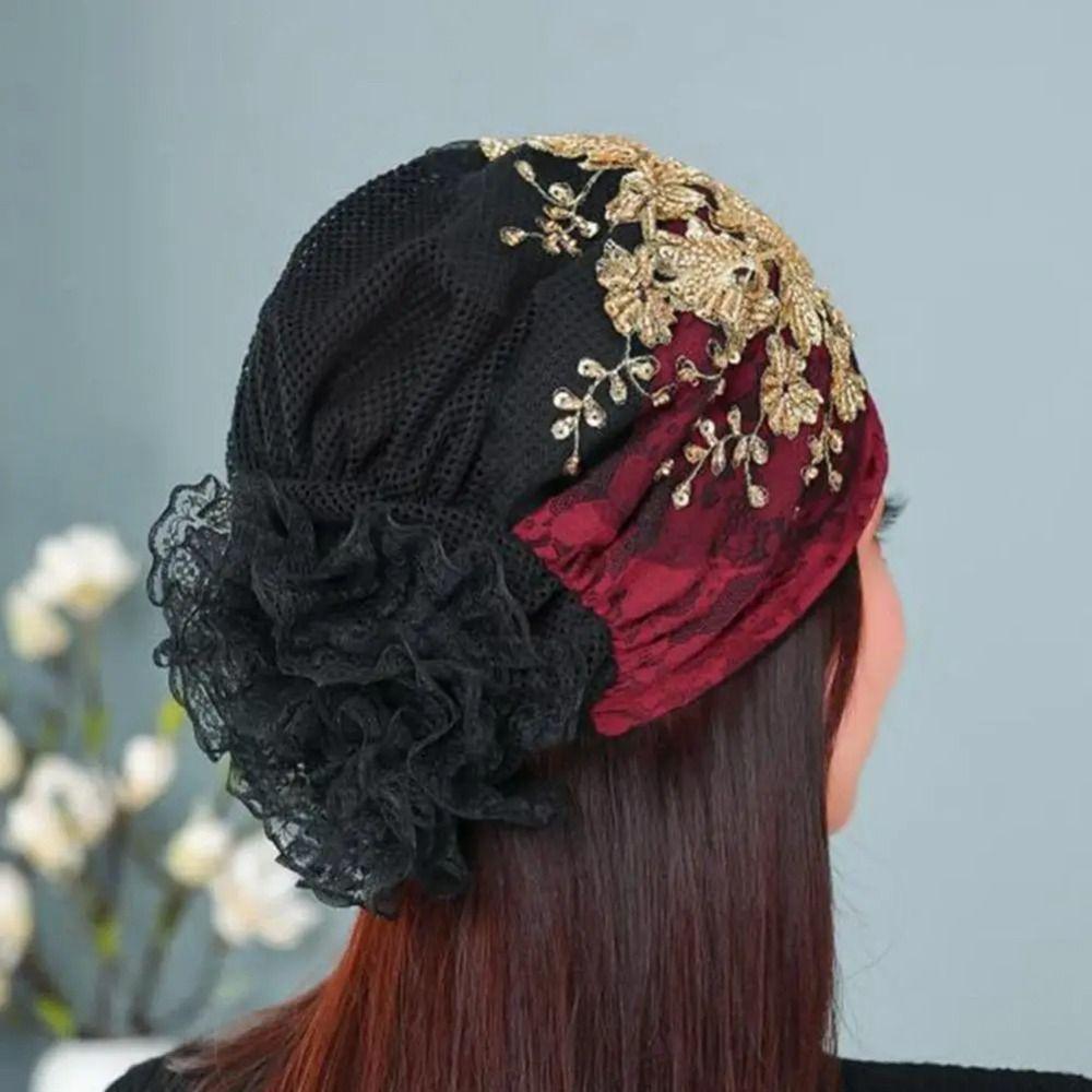 Head Scarf Lace Turban Hats Rhinestone Islamic Under Scarf Solid Color Summer Thin Headscarf  Girls