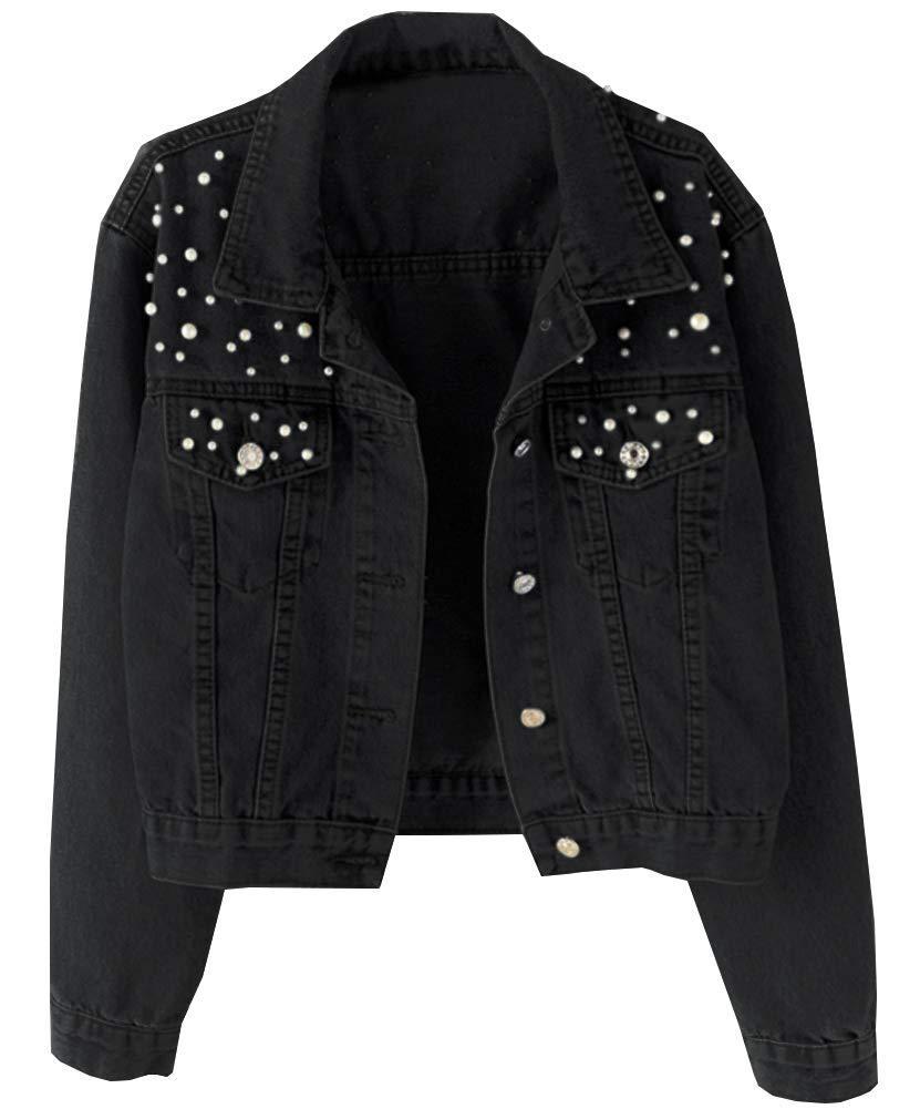 Women's Plus Size Studded Rhinestone Denim Jacket with Pearl Beading
