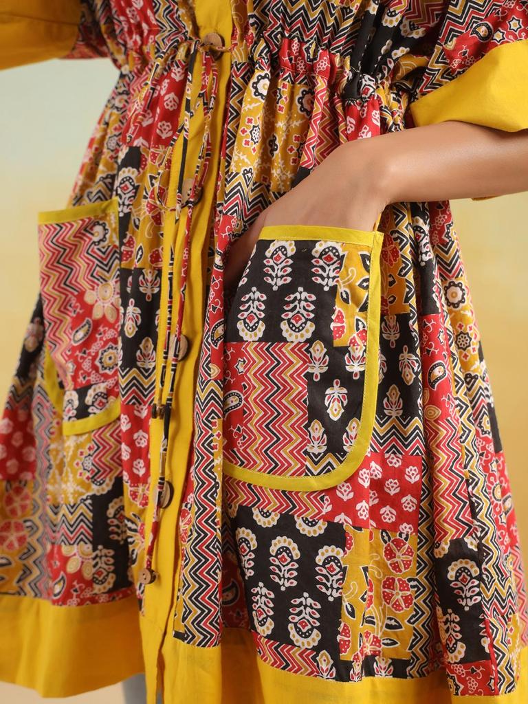 Верхняя туника из хлопка с ручным принтом, кафтан, туника из хлопка с карманами, свободного кроя, туника свободного размера, красно-желтый кафтан, ограниченный тираж