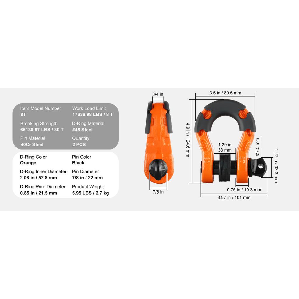 SucceBuy 2pcs 3/4" D-Ring Shackle U-Hook Loop Shackles with 7/8"Screw Pin Isolators & Washers for Jeep Off Road Vehicle Recovery