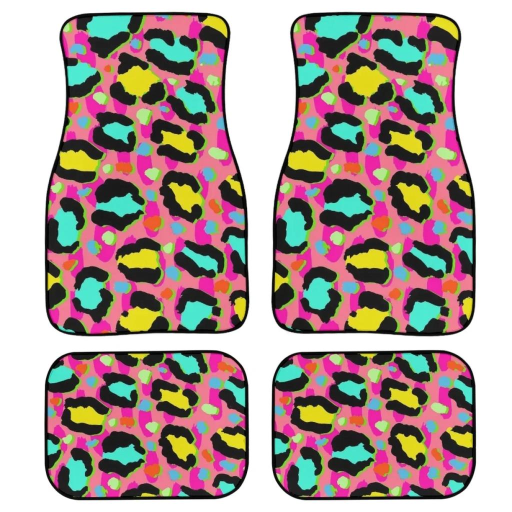 Pink Leopard Print Set of 4Pcs Car Floor Mats for Women Non Slip Car Accessories Front and Back Carpet Rug Durable