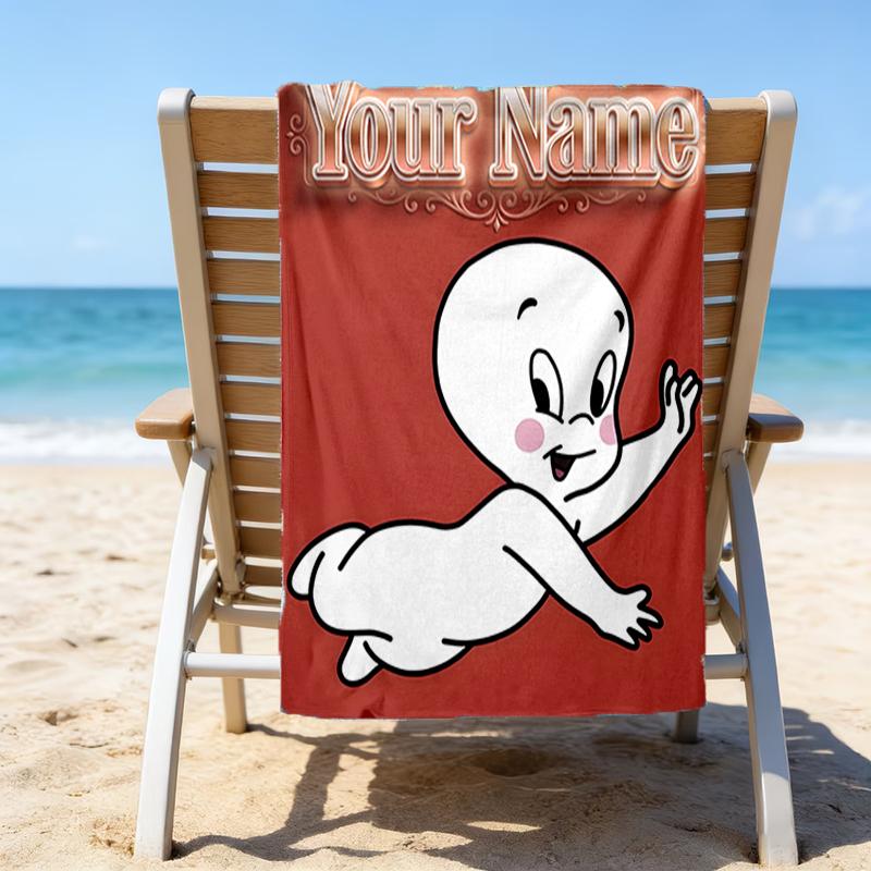 1pc Casper Beach Towel with Custom Name, Beach and Seaside Swimming Pool Equipment, Fashion Pattern, Rectangular, Travel Essential